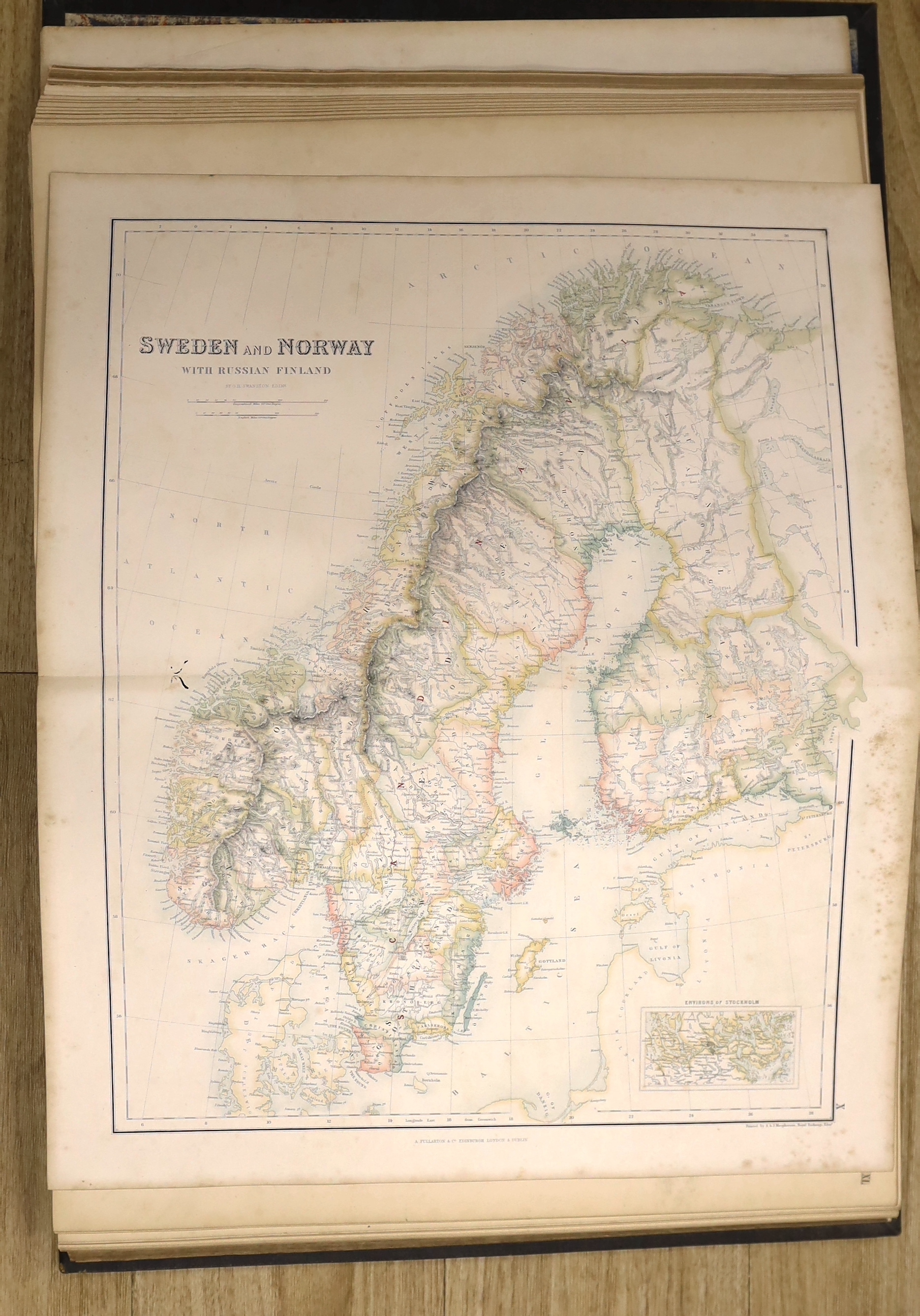 The Royal Illustrated Atlas, of Modern Geography ...pictorial engraved title and 74 coloured maps and plans (many pictorial, some d-page); publisher's gilt ruled and lettered black morocco, panelled spine, ge. and marble